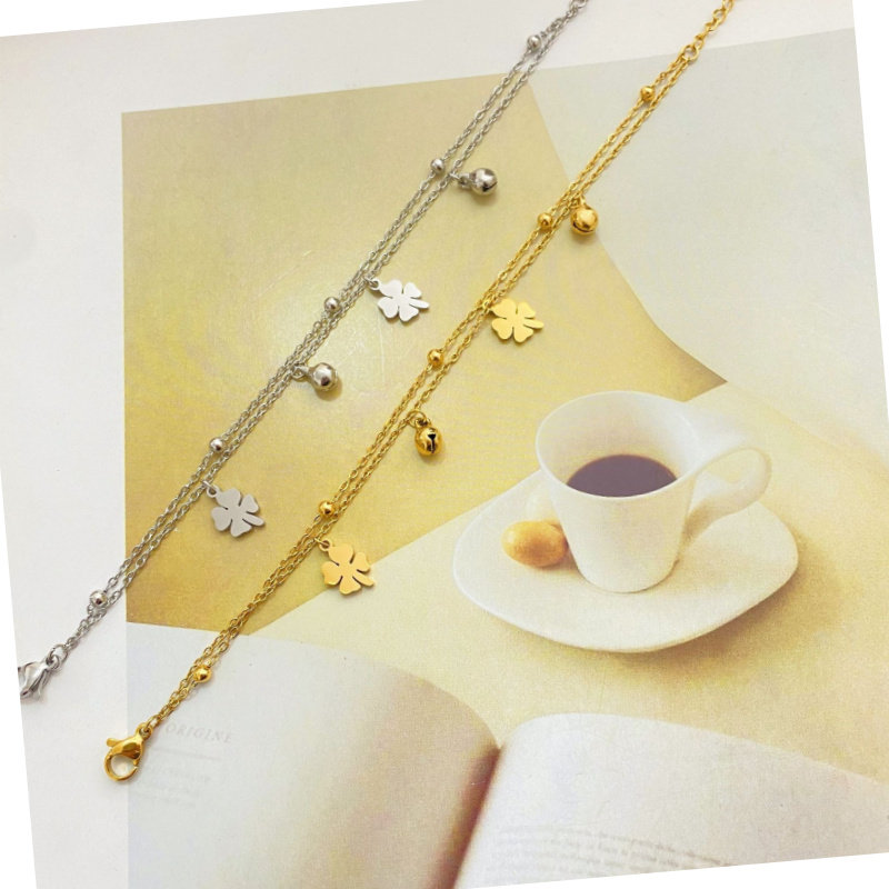 新款小众时尚潮流钛钢四叶草手链女双层转运珠链条气质防丢眼镜链