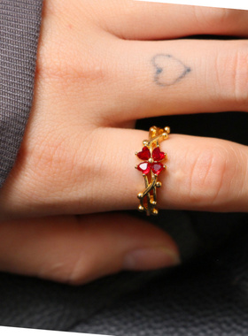轻奢红宝石四叶草开口可调女戒