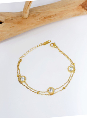 新款钛钢镀金锆石圆牌转运手链