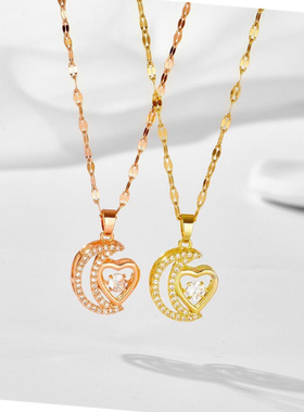 轻奢小众钛钢金色爱心月亮锁骨链