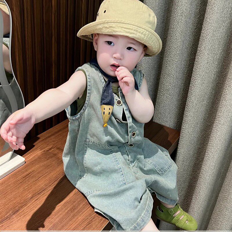 男孩套装2025夏季韩式覆古牛仔工装裤儿童森林棉背心两件套