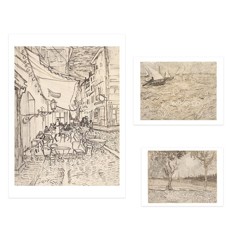 梵高复古抽象素描手稿星空咖啡馆装饰画客厅卧室床头挂画定制画芯图片