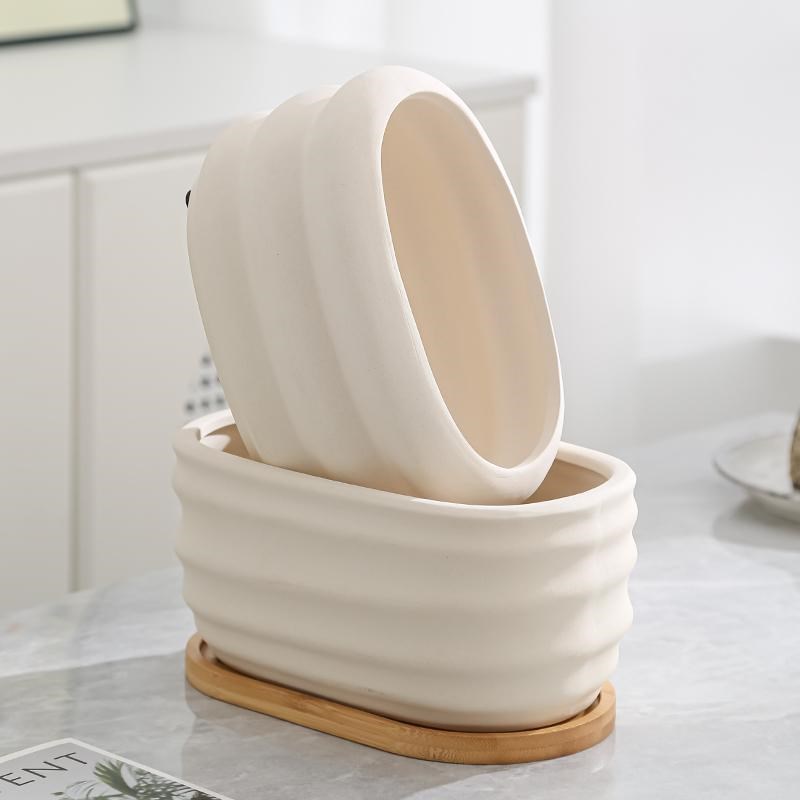 白色铜钱草椭圆陶瓷花盆素烧芦荟长方形多肉盆绣球花观叶植物茉莉