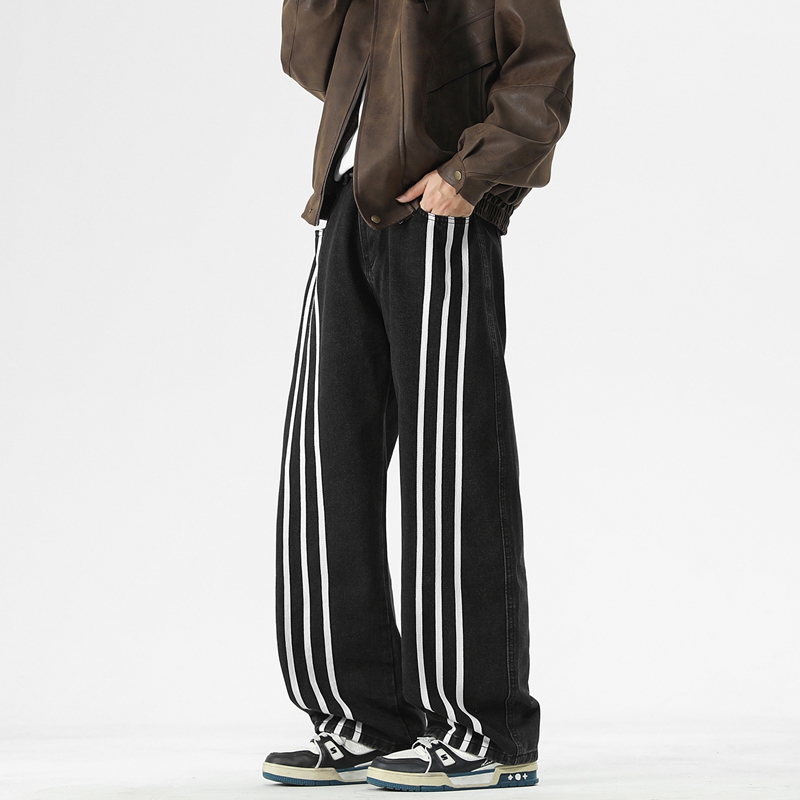 UPXIW条纹牛仔裤男2025新款秋季微弯直筒宽松休闲潮牌水洗裤子