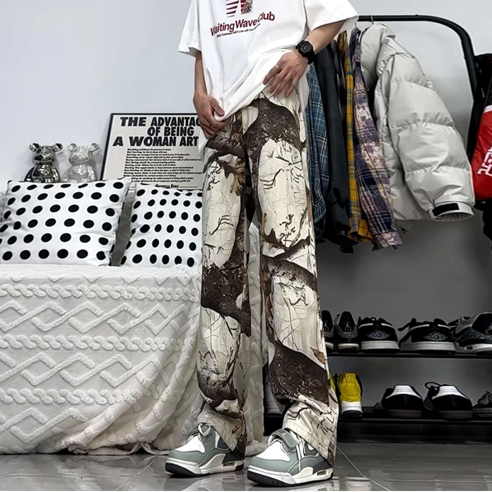uPXiw迷彩蛇纹个性牛仔裤男直筒宽松百搭长裤设计感休闲阔腿裤子