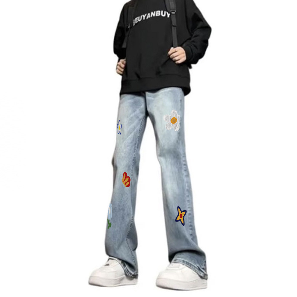 uPXiw美式微喇复古高街花卉印花小众设计基础废土风直筒牛仔裤