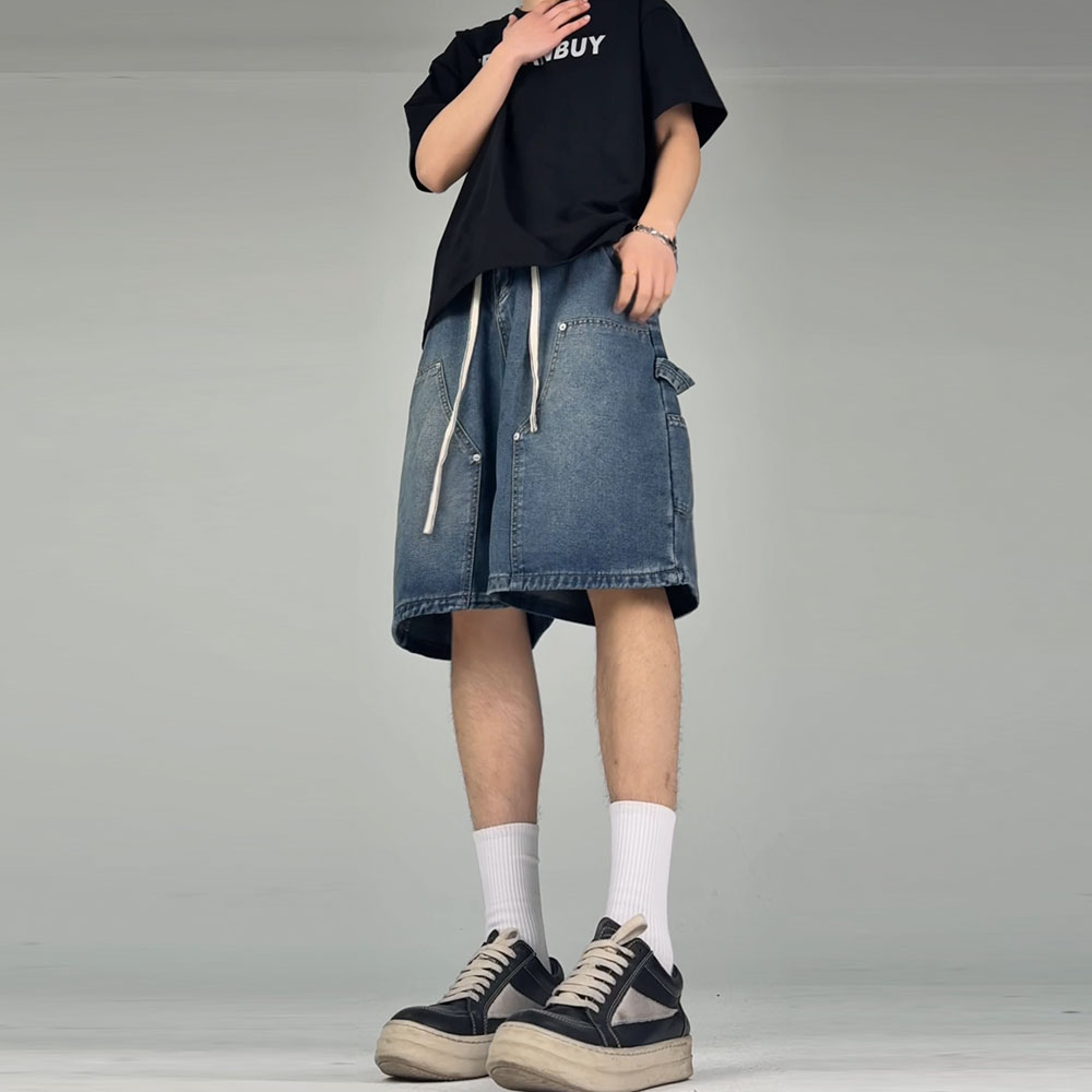 uPXiw春夏款时尚复古宽松直筒港风基础款百搭多色松紧水洗牛仔裤