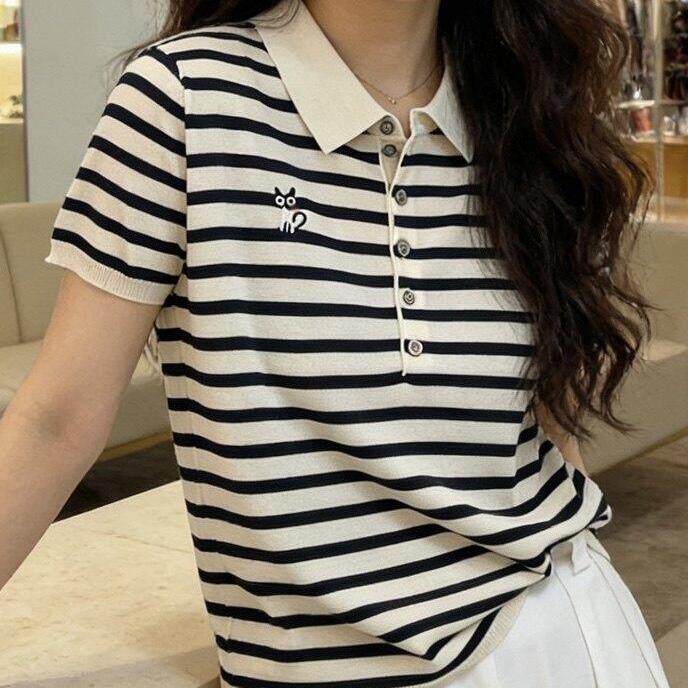 日系猫咪刺绣条纹Polo领针织短袖女夏季薄款透气休闲显瘦百搭上衣