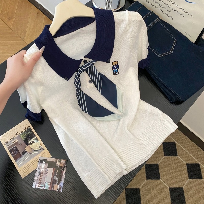奈蕾POLO领带丝带薄款冰丝针织短袖女2025新款夏季宽松针织衫上衣