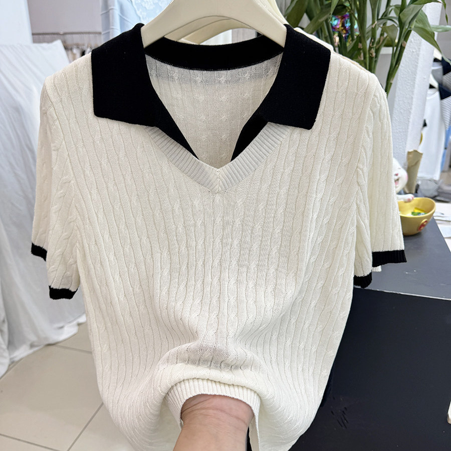 韩版撞色polo领麻花纹理针织衫女夏季薄款温柔风百搭显瘦短袖T恤