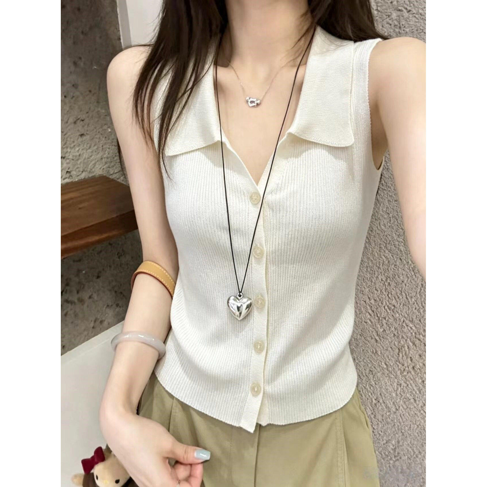 夏季薄款Polo领无袖针织开衫女图片