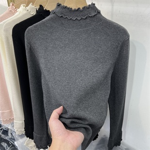 灰色针织打底衫 长袖 秋冬季 花边高领修身 T恤女 新款 南油高货爆款
