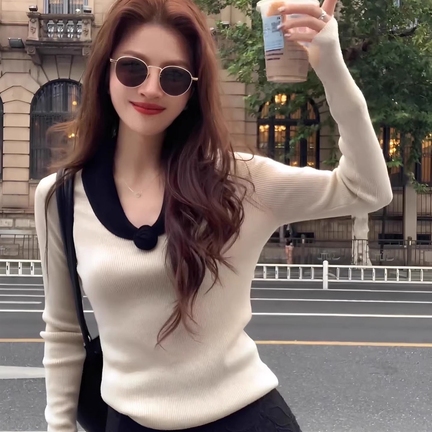 法式高级翻领针织打底衫