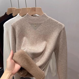 半高领网纱一体绒毛衣女秋冬2025新款 洋气针织上衣 加绒加厚打底衫
