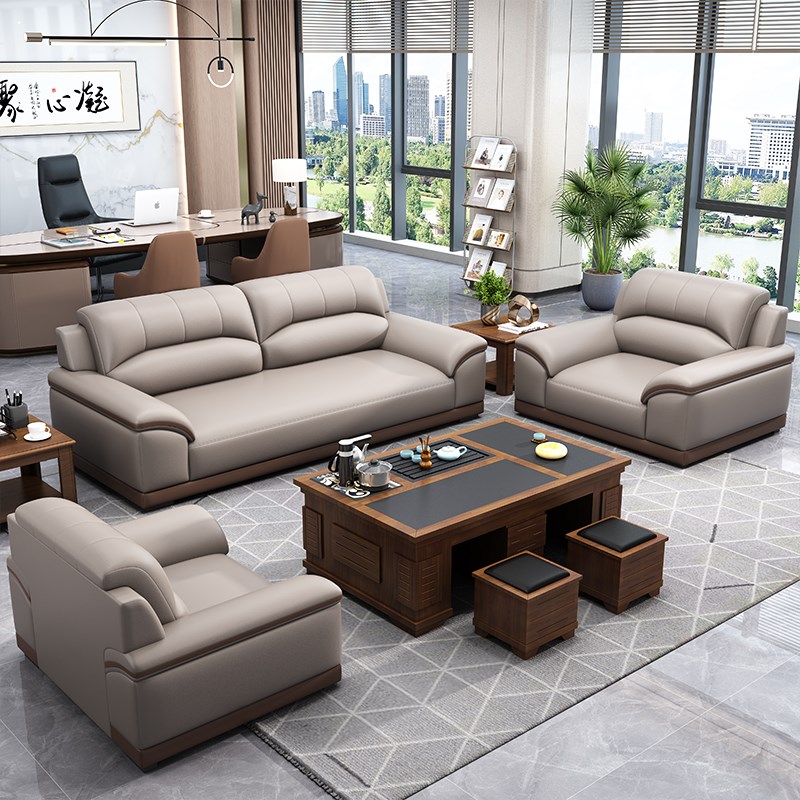 牛皮乳胶办公室沙发现代会客商务区沙发家用三人位茶台一体式