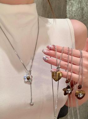 新中式虎眼石花朵吊坠项炼女轻奢小众高级感长款颈炼配饰毛衣炼