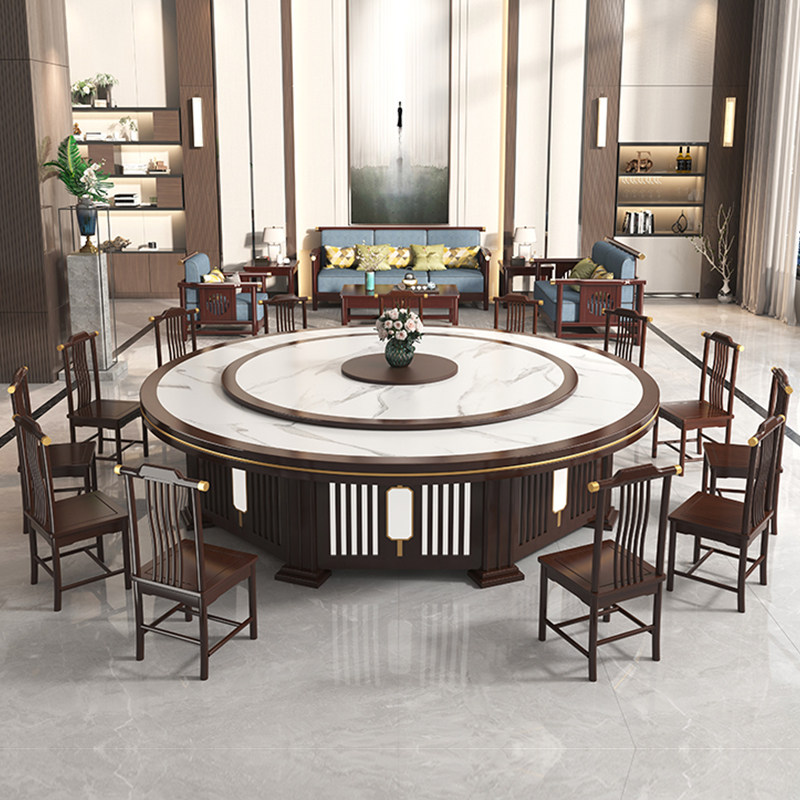 新酒店餐桌电动大圆桌饭店包厢自动旋转火锅桌椅实木定制
