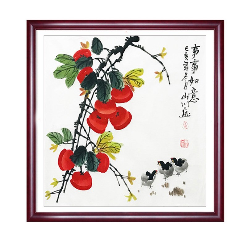 纯手绘柿子画花鸟写意水墨国画四尺斗方玄关餐厅卧室装饰带木框画