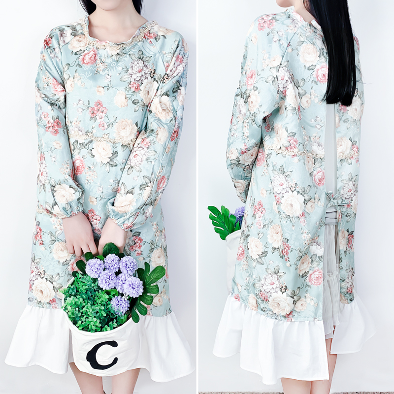 围裙长袖女可爱防水防油韩版时尚碎花罩衣全身大人工作服小清新衫