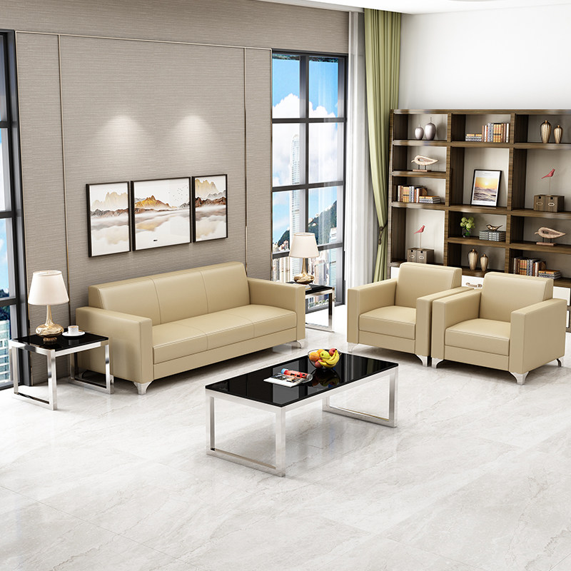办公沙发茶几会客商务合作休闲接待室真西皮现代三人沙发