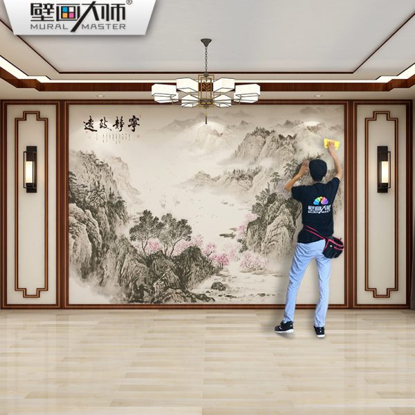 国画山水壁布新中式电视背景墙壁纸客厅沙发影视墙布大气招财壁画