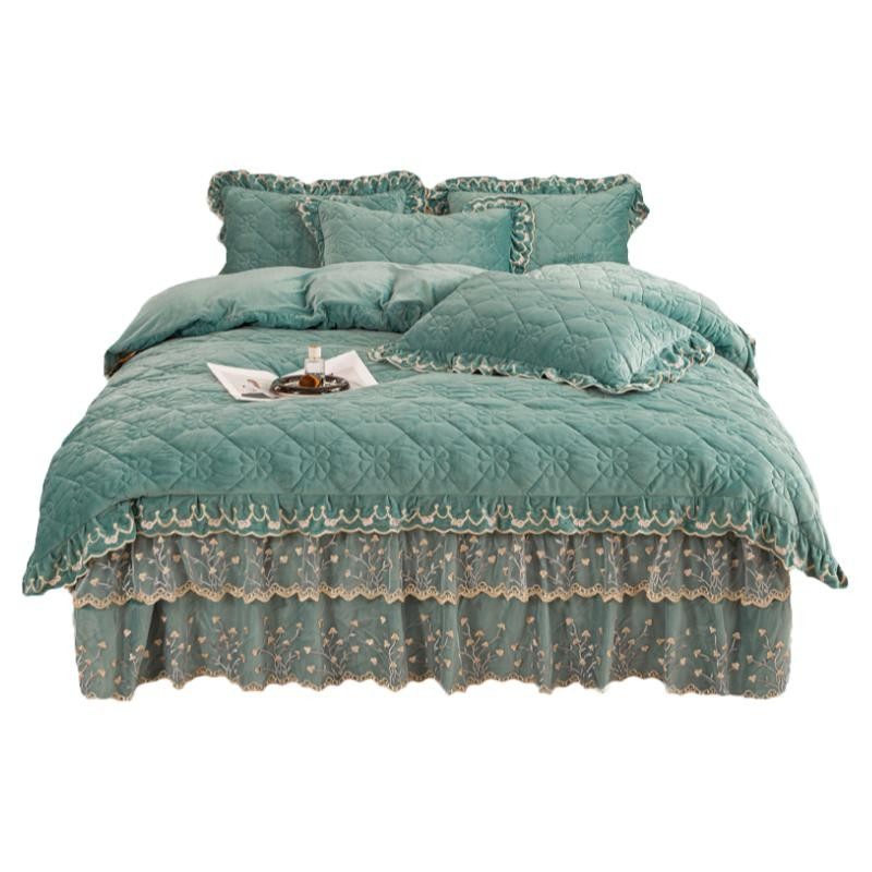 冬季全套夹棉床裙款四件套超厚宝宝绒蕾丝边床罩双面加绒被套保暖