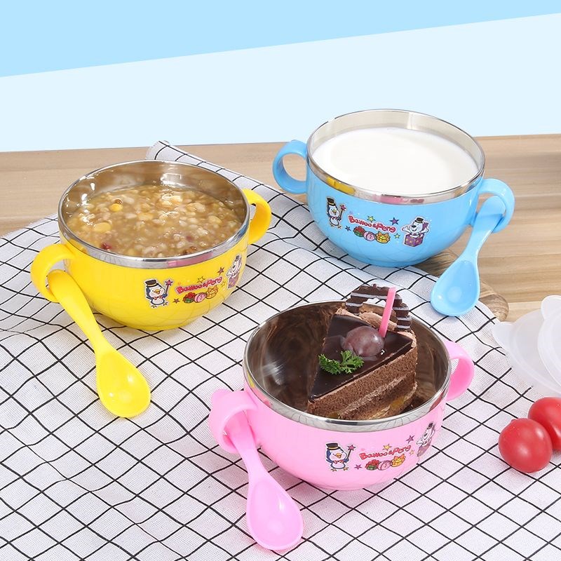 304不锈钢婴儿碗可爱碗勺套装防摔隔热碗小孩吃饭碗辅食儿童餐具