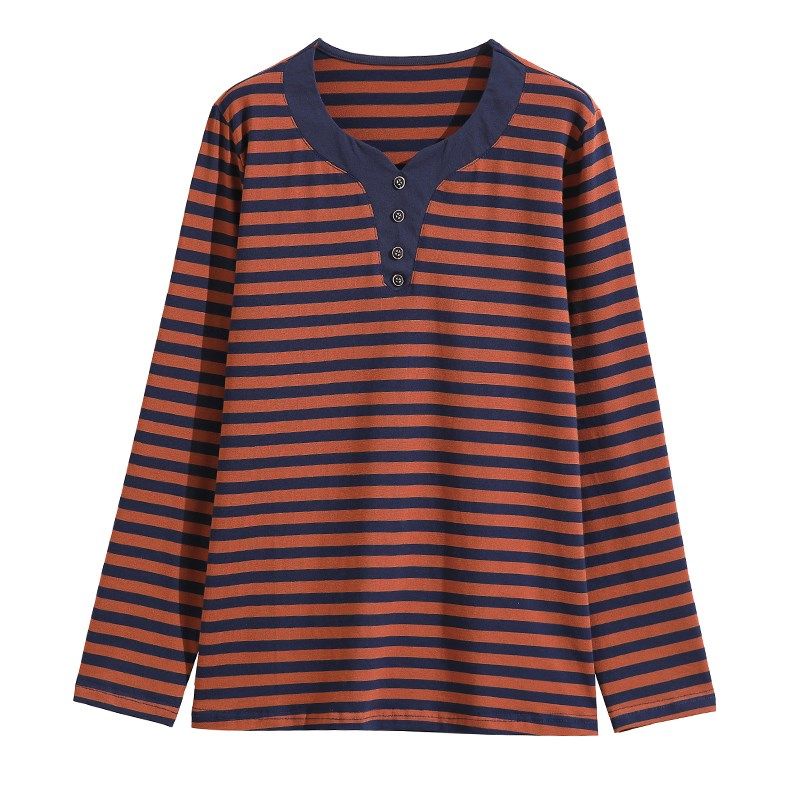 妈妈纯棉长袖t恤女宽松大码上衣中老年女装秋季新款条纹v领打底衫