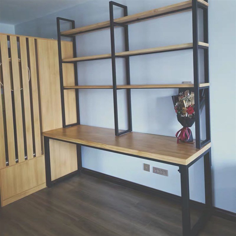 loft实木书桌书架一体组合家用铁艺阳台双人台式电脑学习桌办公桌