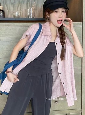 28850薄款气质宽松衬衫直筒休闲裤显瘦吊带时尚裤子阔腿裤套装