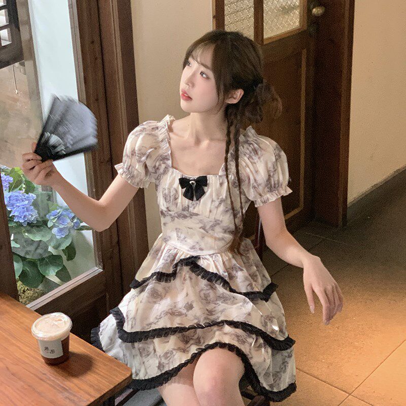 东京岁时记JK大理石玫瑰法式复古高级感碎花连衣裙夏季收腰公主裙