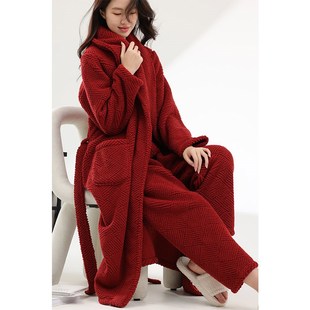 红色珊瑚绒睡衣女结婚情侣本命年女士睡袍浴袍长款加绒家居服