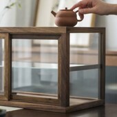 日式 黑胡桃实木玻璃展示柜茶室茶具器皿摆件防尘置物架防尘收纳柜