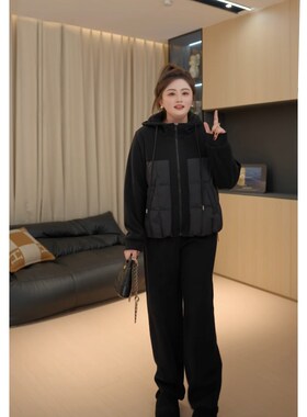 【胖佳佳】四重奏 卫衣拼接连帽外套休闲裤时尚两件套H624A19441