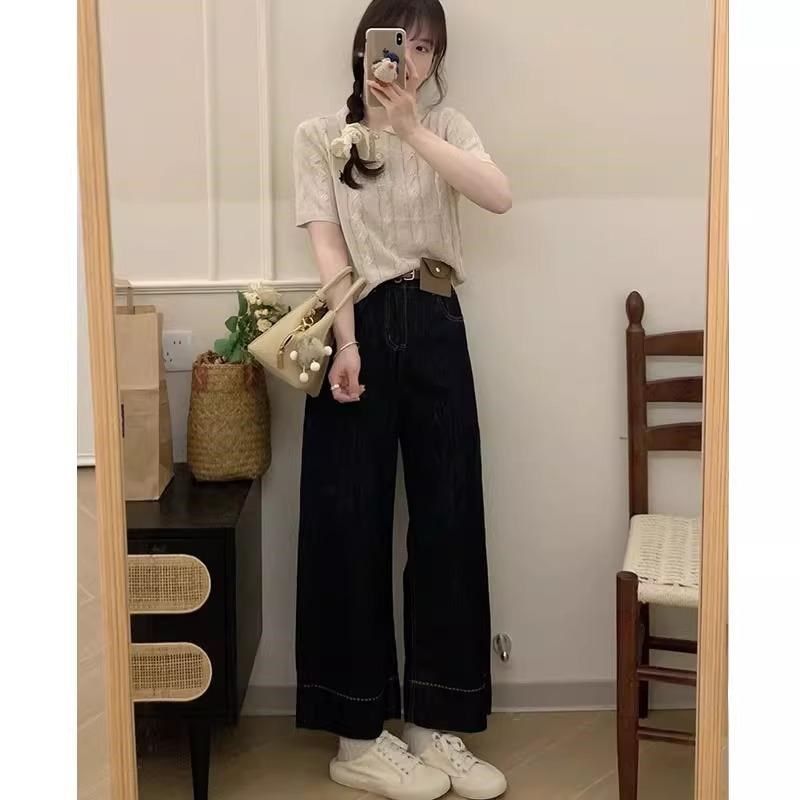 深蓝色阔腿牛仔裤女秋冬季加绒胖妹妹mm宽松显瘦小个子窄版直筒裤