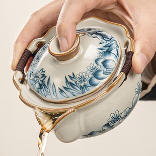 青花汝窑手抓壶盖碗茶杯单个高档泡茶壶防烫茶碗带盖家用功夫茶具
