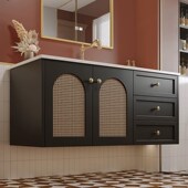 新款 复古藤编橡木浴室柜陶瓷一体盆洗漱台洗脸盆柜 法式