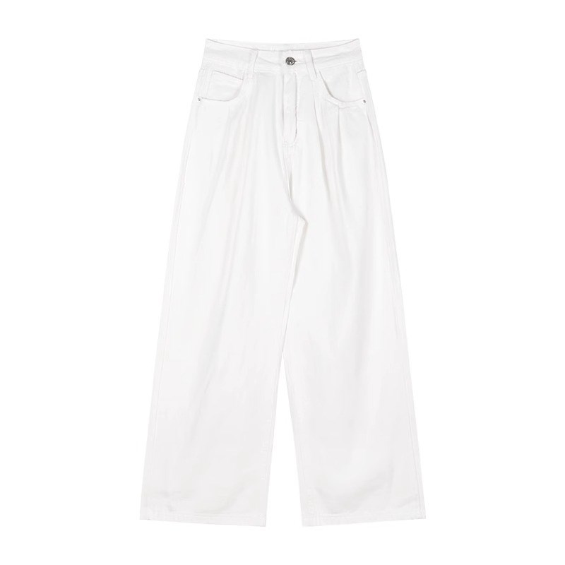 白色高腰牛仔长裤女夏季薄款2024新款宽松垂感皱褶设计阔腿拖地裤