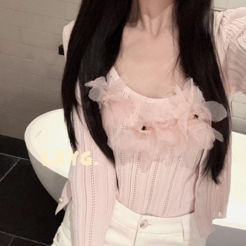 2024秋新款设计感立体花朵吊带优雅气质甜美长袖针织开衫两件套夏