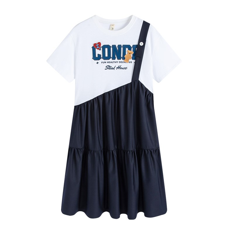 女大童假两件短袖背带连衣裙2025夏装新款学院风初中学生夏季裙子