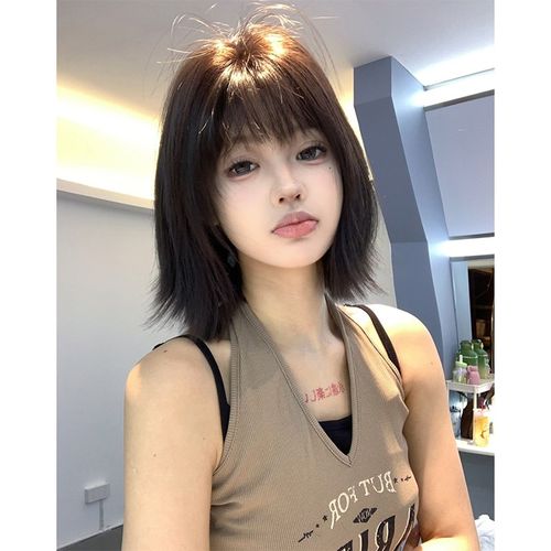 束朵假发女短发日常网红氛围感自然气质齐刘海全头套【夏日甜栗】