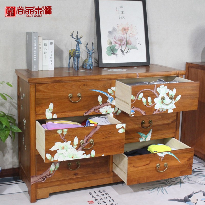 新中式实木六斗柜香樟木多抽屉式储物柜卧室收纳橱客厅彩绘五斗柜