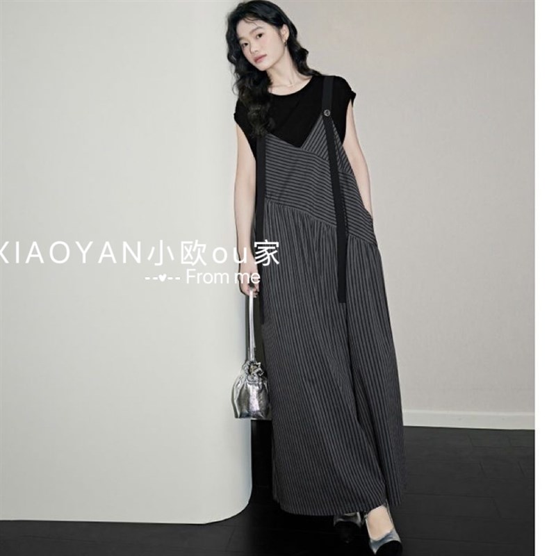 法式条纹格雷系穿搭背带裤阔腿裤裙2025夏季新款休闲阔腿裤裙