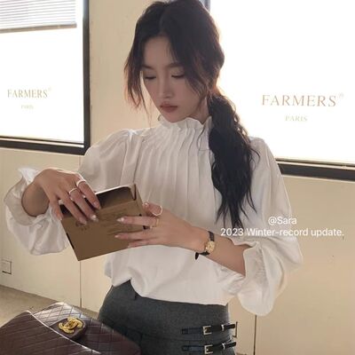 法式淑女风褶皱立领洋气白色衬衫女春装新款显瘦内搭泡泡长袖上衣