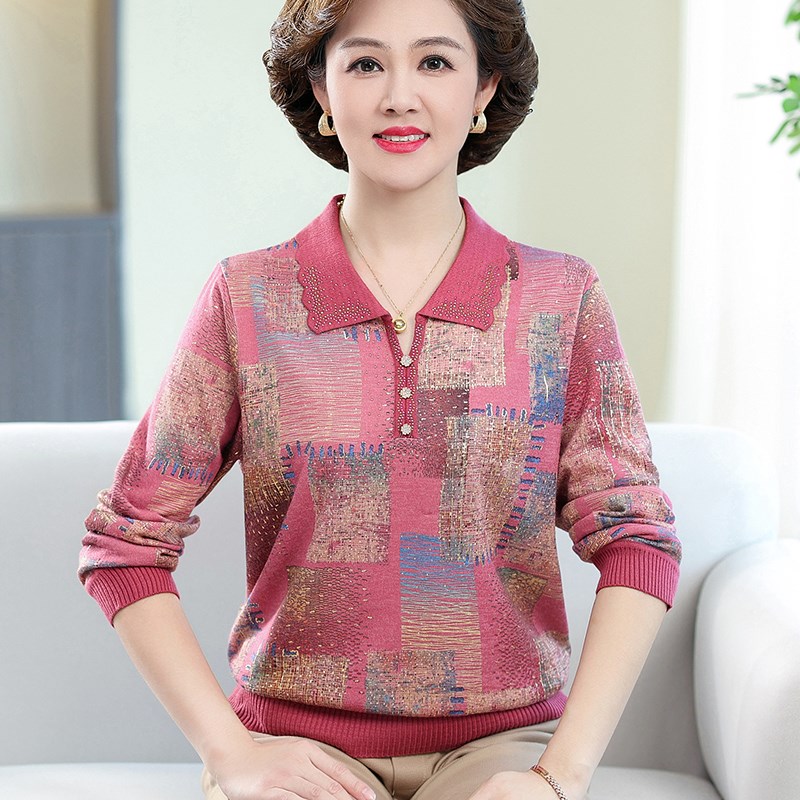妈妈秋装长袖蚕丝t恤洋气打底衫2024新款中老年女春秋大码上衣服