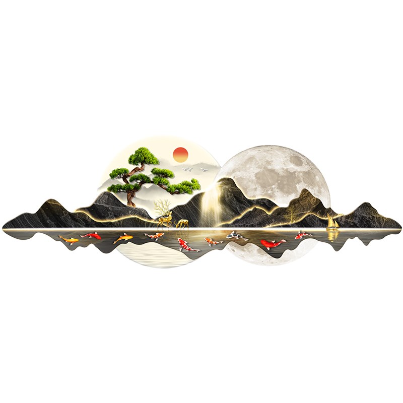 客厅大白墙装饰画高级感沙发背景墙挂画2024新款迎客松山水壁灯画