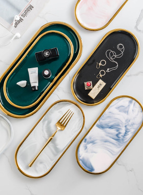 北欧大理石纹金边陶瓷椭圆盘西餐甜品盘首饰收纳盘卫生间香薰托盘