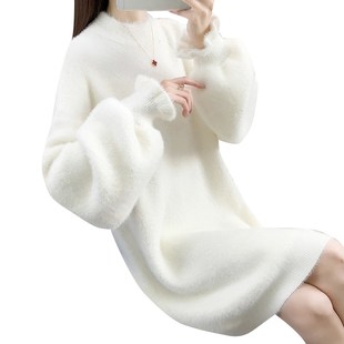 毛衣女款2024新款冬季内搭上衣女中长款白色打底衫女厚针织连衣裙