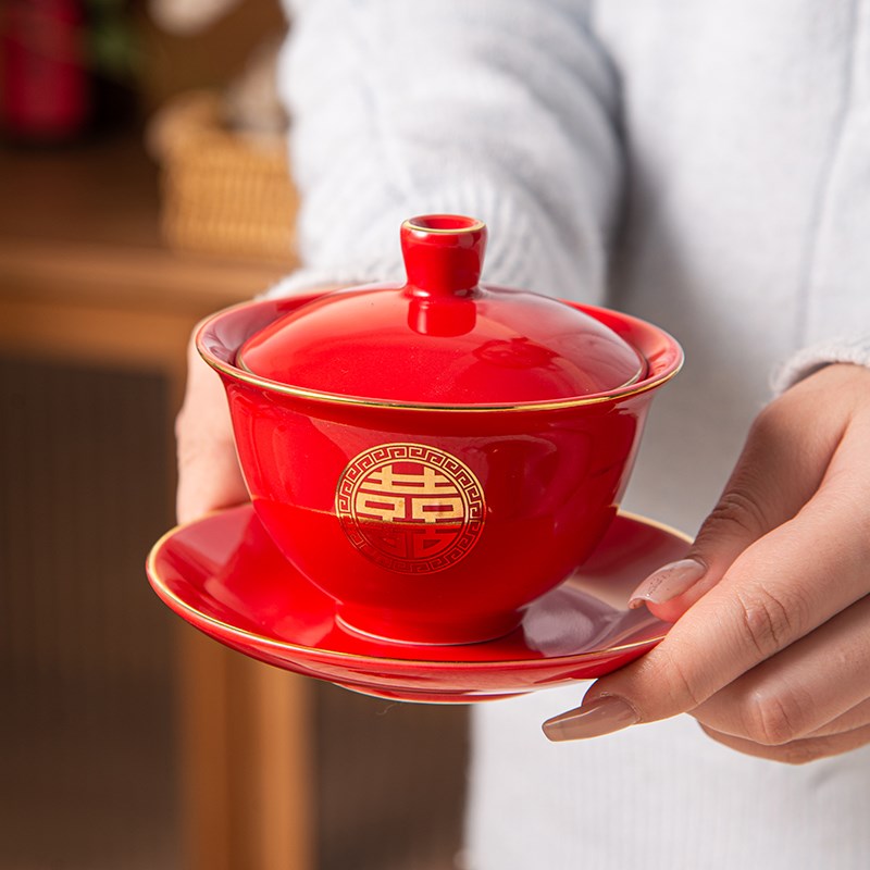 结婚喜庆用品敬茶杯盖碗一对红色婚礼陪嫁改口对杯茶具套装伴手礼