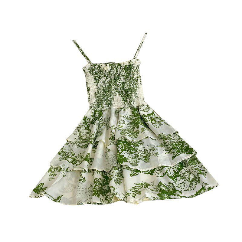 设计感复古宫廷风碎花褶皱收腰荷叶边蛋糕吊带连衣裙短裙女夏季